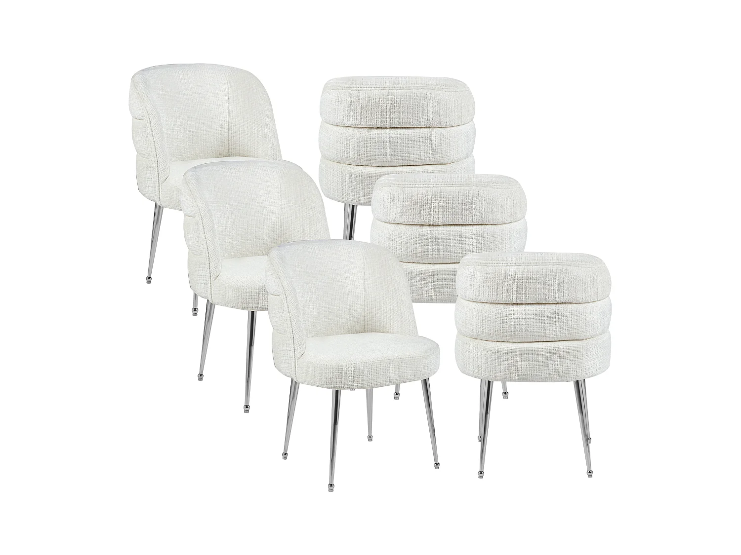 Set van 6 stoelen van chenillestof en zilverkleurig metaal - Wit - SARA