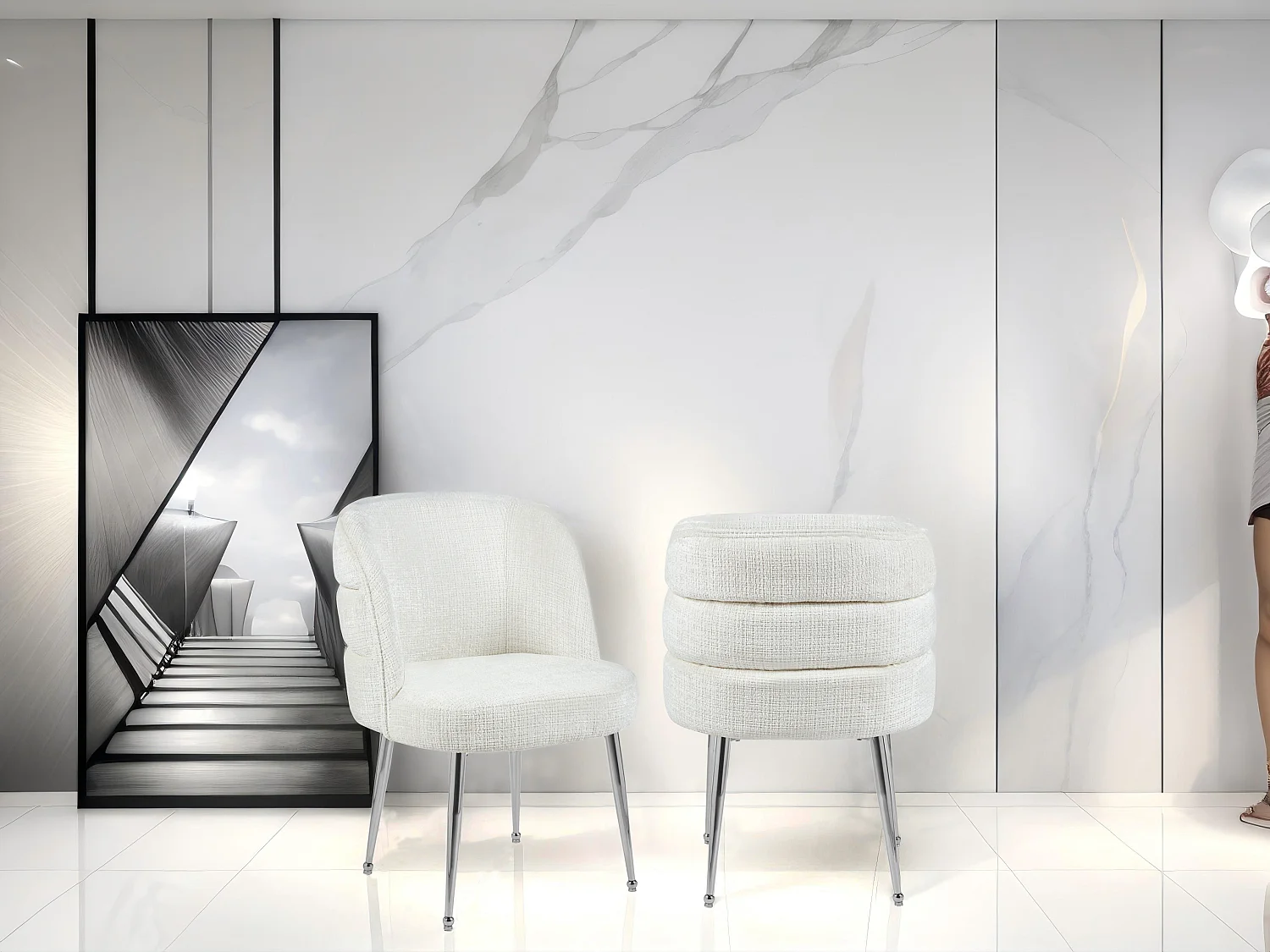 Lot de 6 chaises en chenille et métal argenté - Blanc - SARA