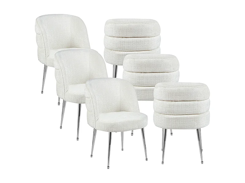 Lot de 6 chaises en chenille et métal argenté - Blanc - SARA