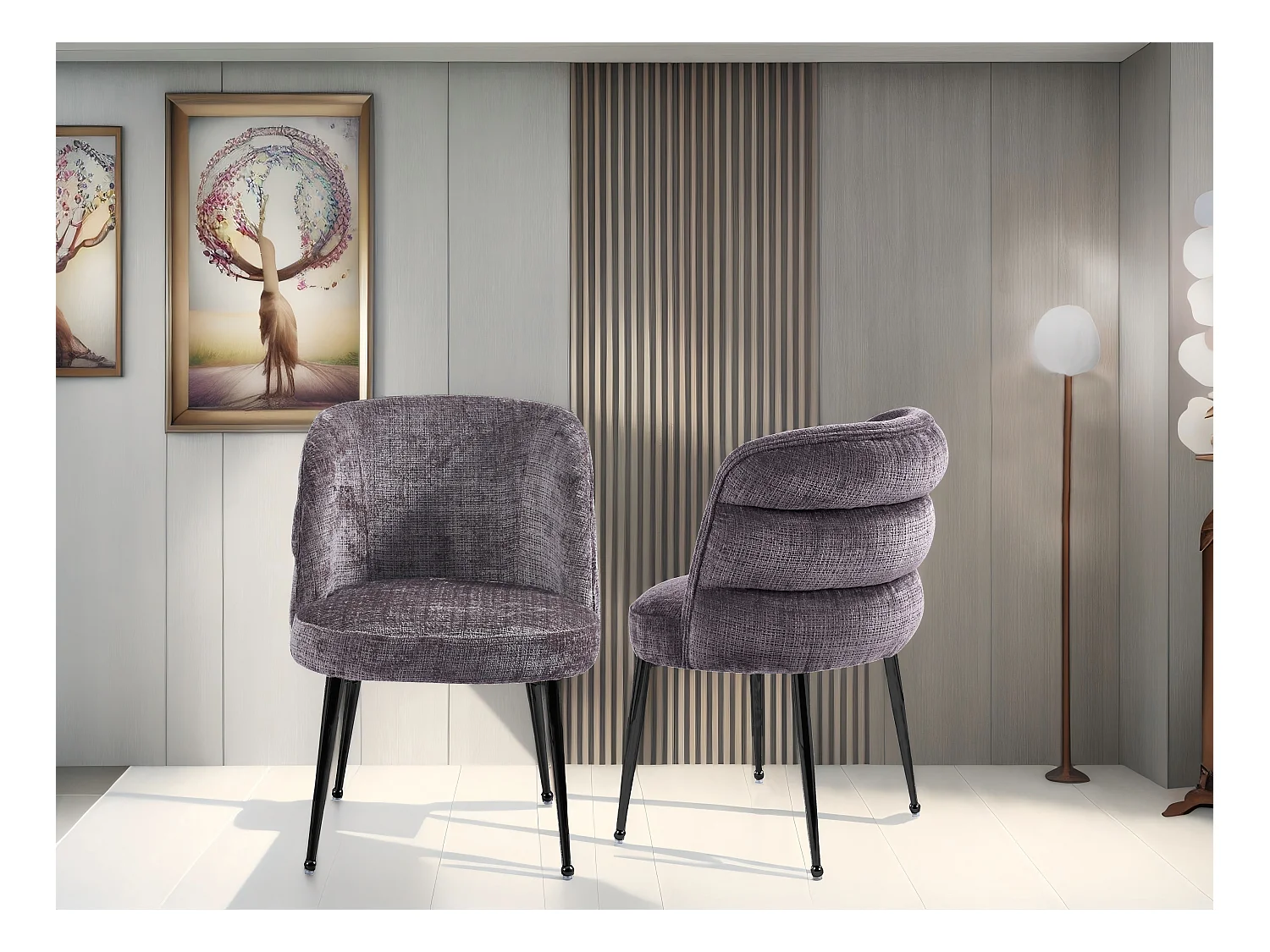 Lot de 2 chaises en chenille et métal noir - Taupe - SARA