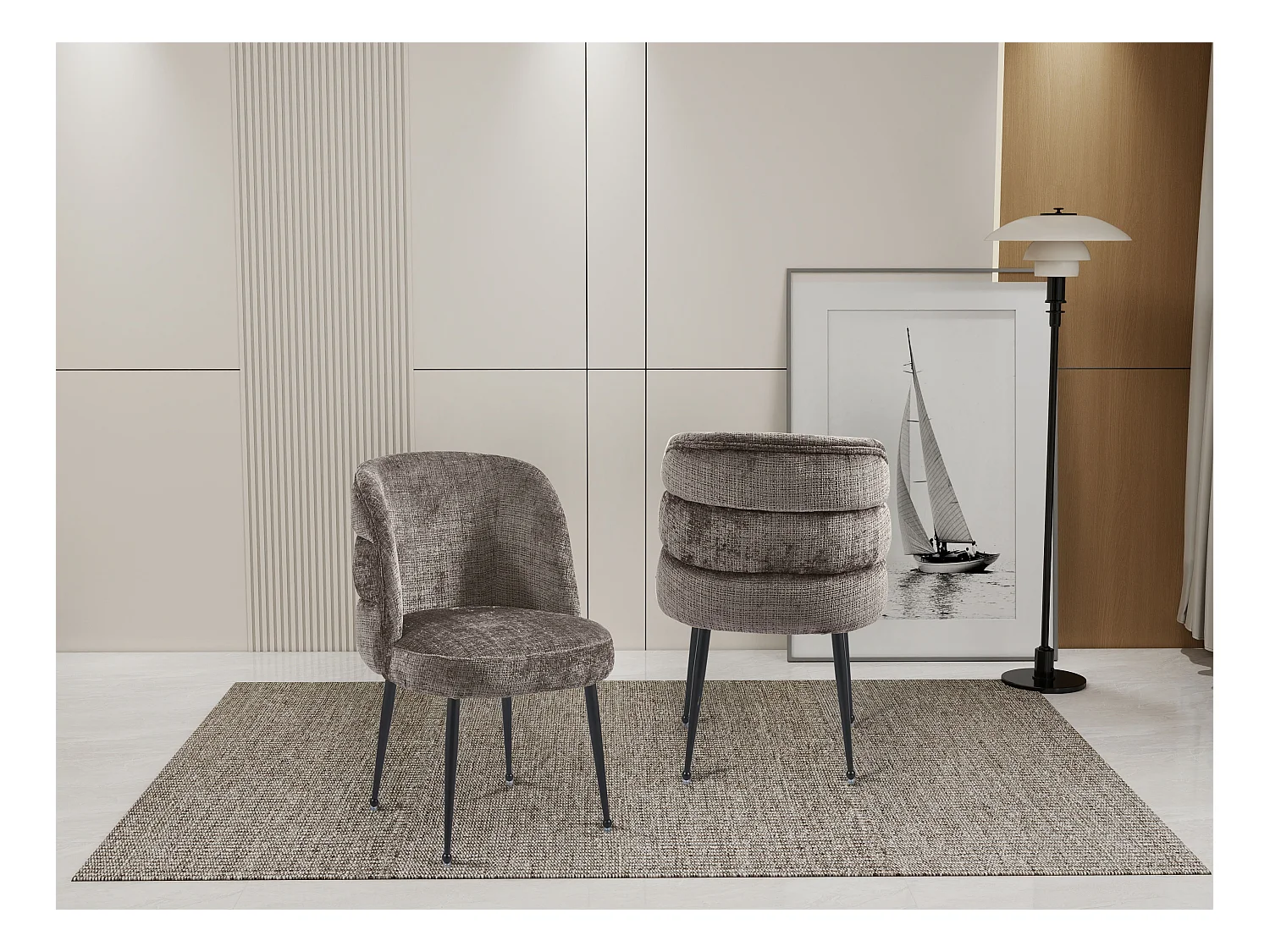 Lot de 2 chaises en chenille et métal noir - Taupe - SARA