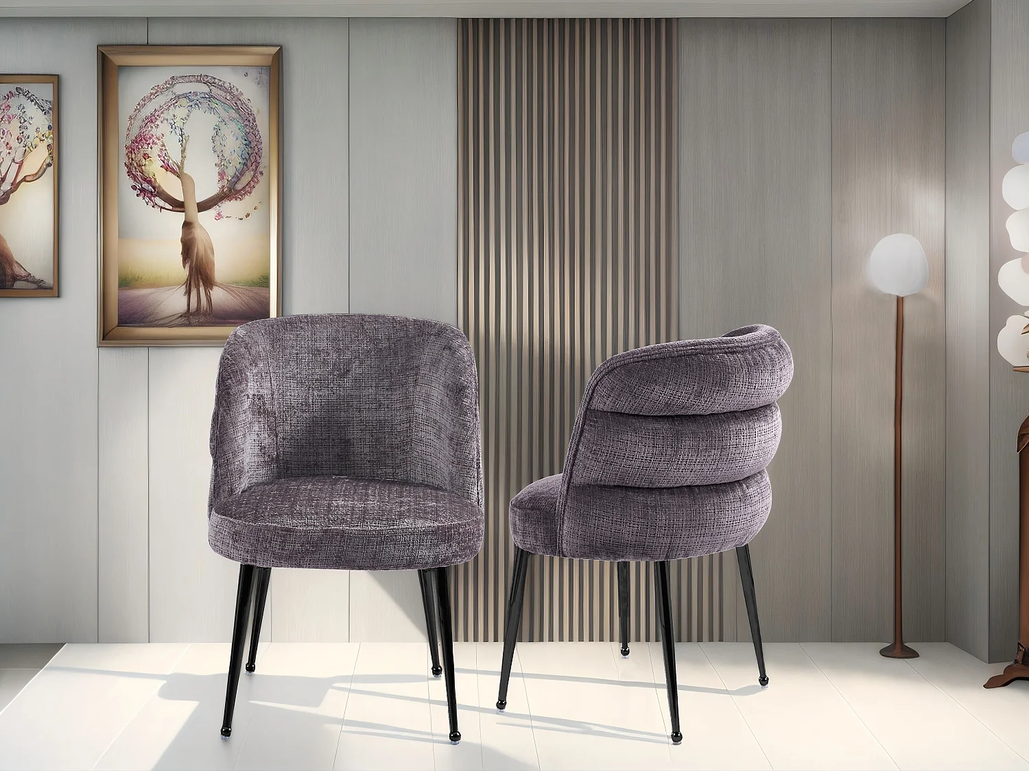 Lot de 2 chaises en chenille et métal noir - Taupe - SARA