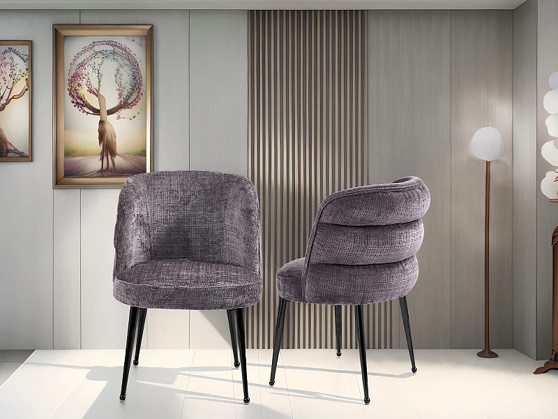 Set van 2 stoelen van chenillestof en zwart metaal - Taupe - SARA