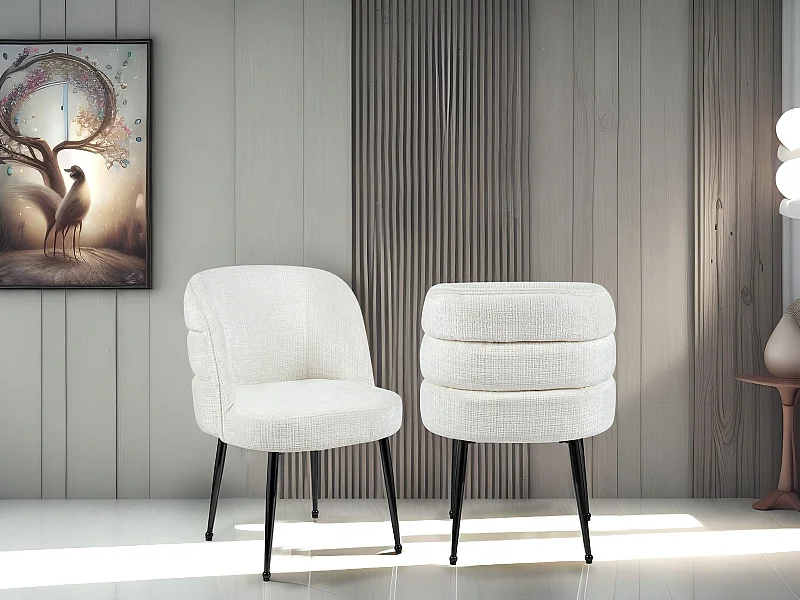 Lot de 2 chaises en chenille et métal noir - Blanc - SARA