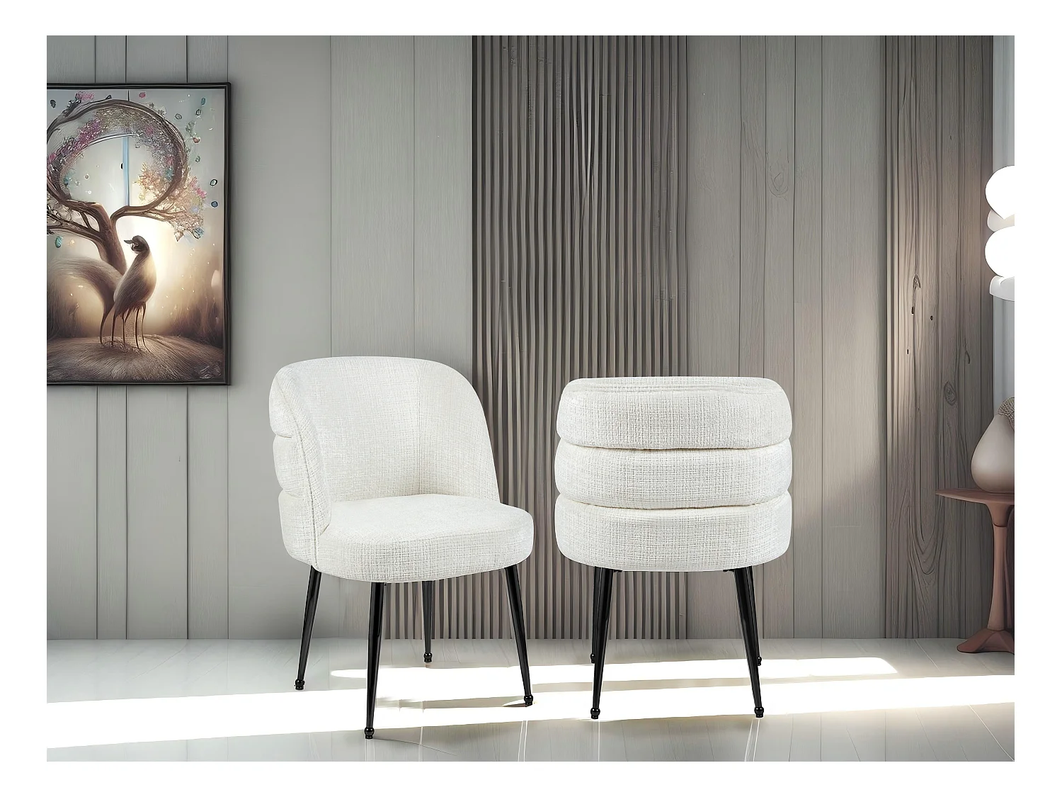 Juego de 2 sillas de chenilla y metal negro - Blanco - SARA