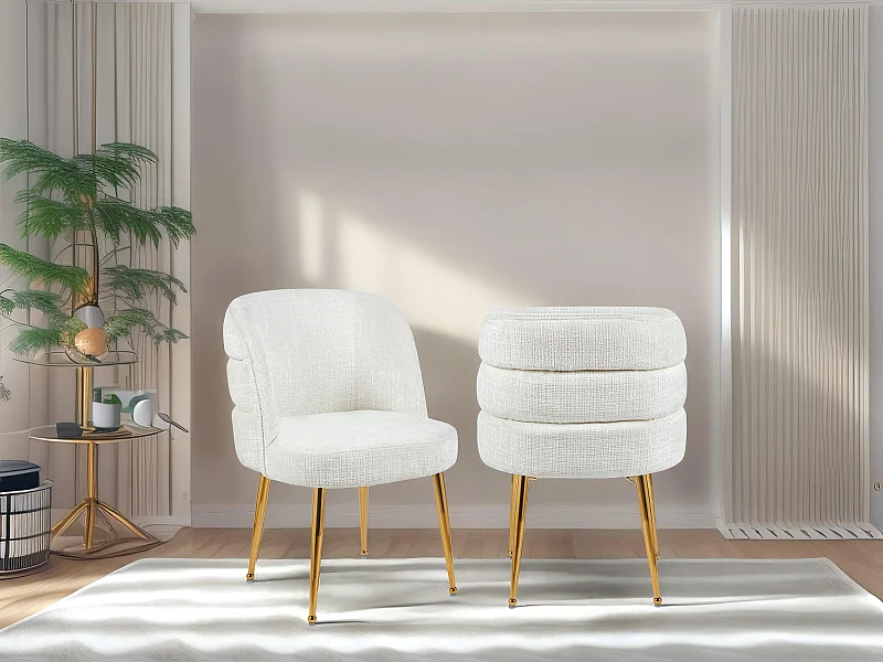 Lot de 2 chaises en chenille et métal doré - Blanc - SARA