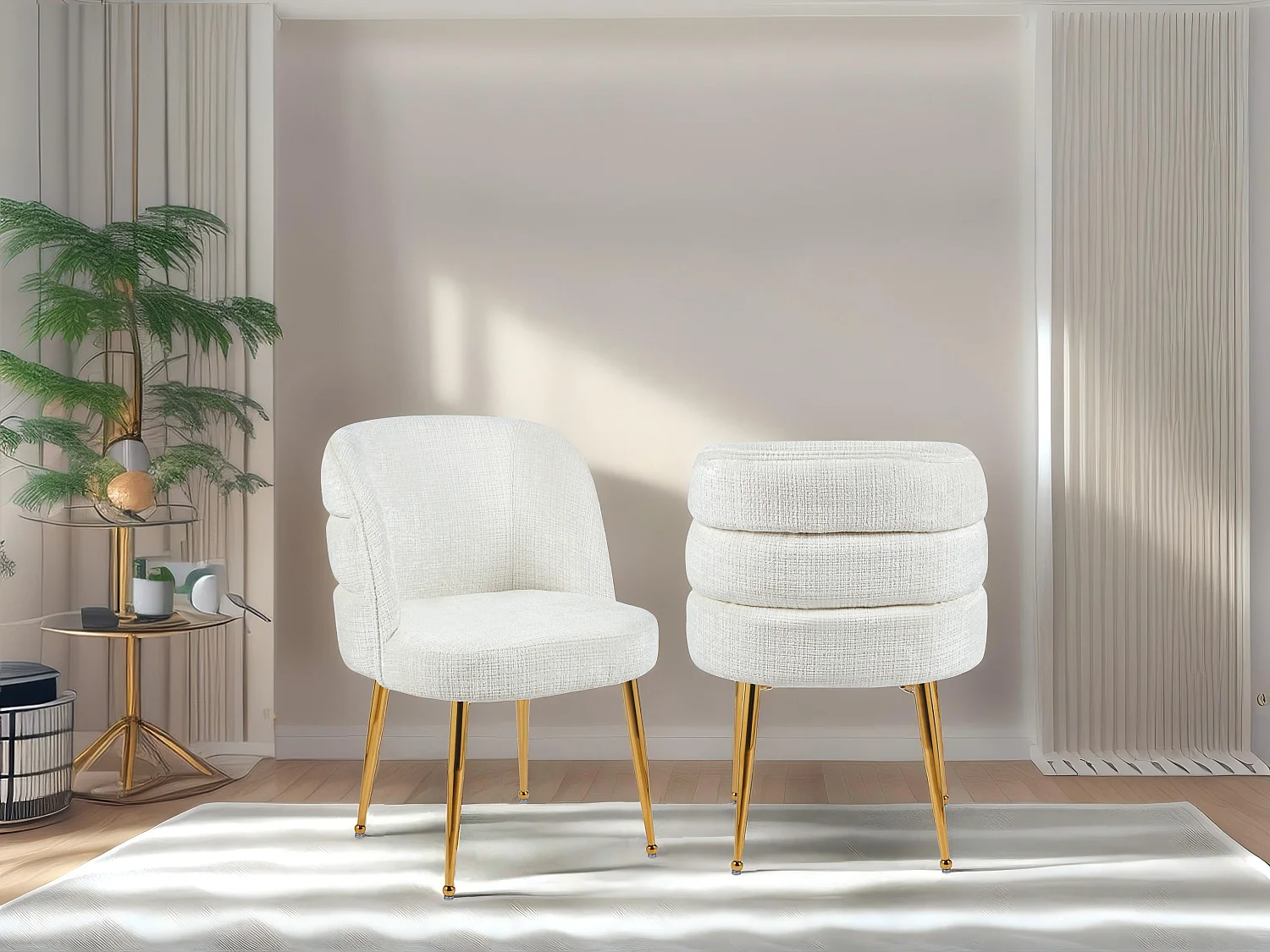 Lot de 2 chaises en chenille et métal doré - Blanc - SARA