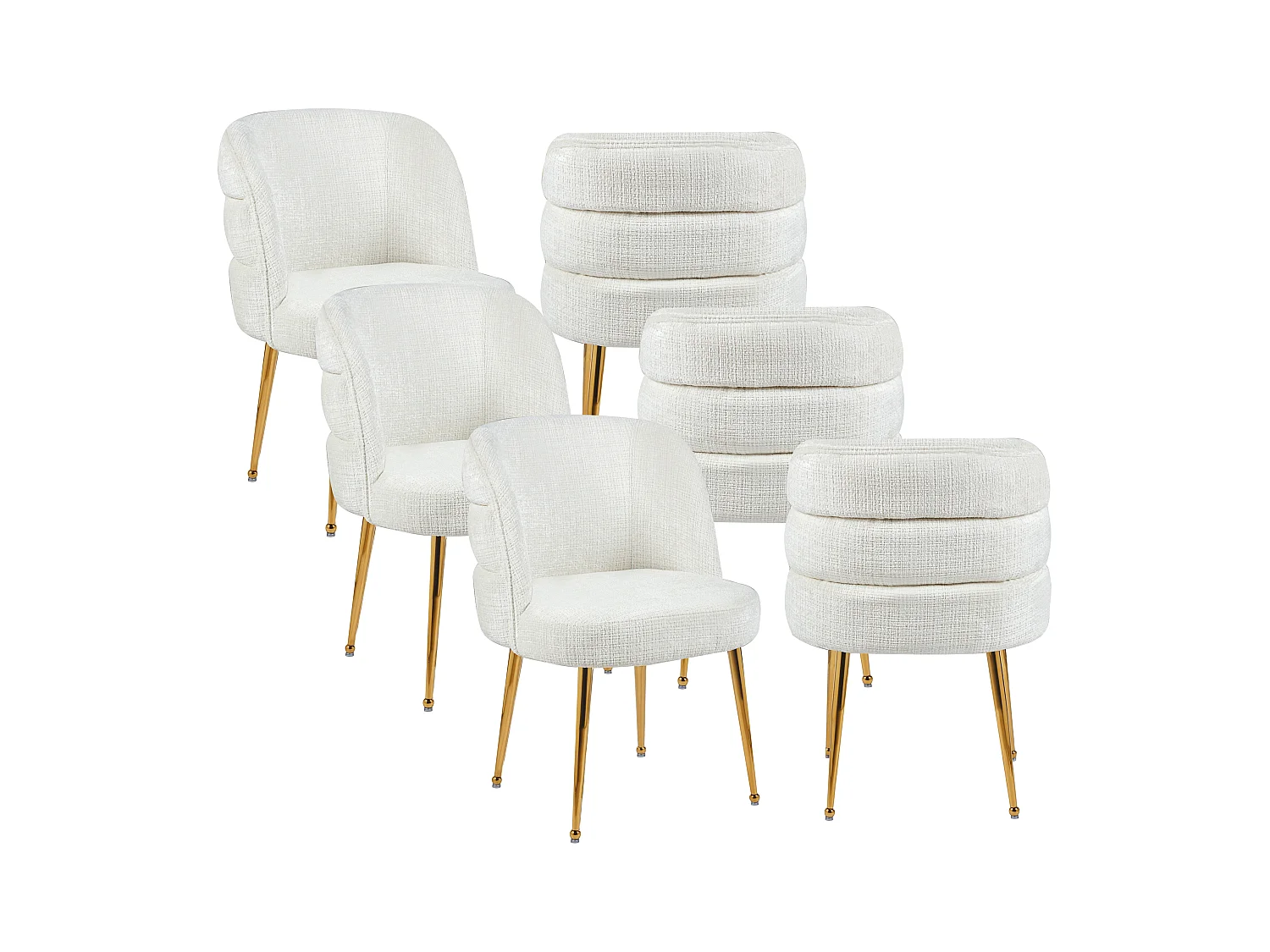 Juego de 6 sillas de chenilla y metal dorado - Blanco - SARA