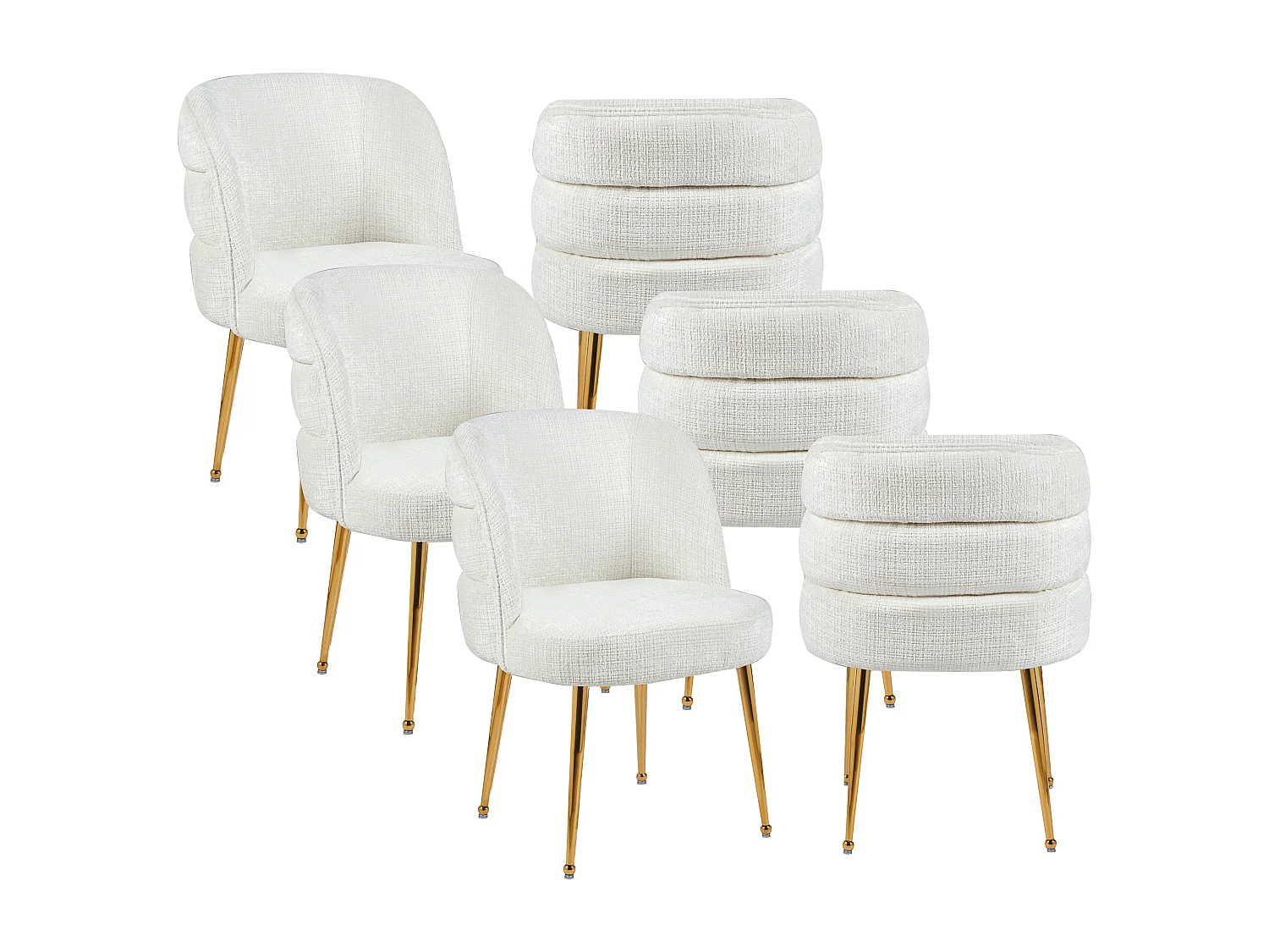 Lot de 6 chaises en chenille et métal doré - Blanc - SARA