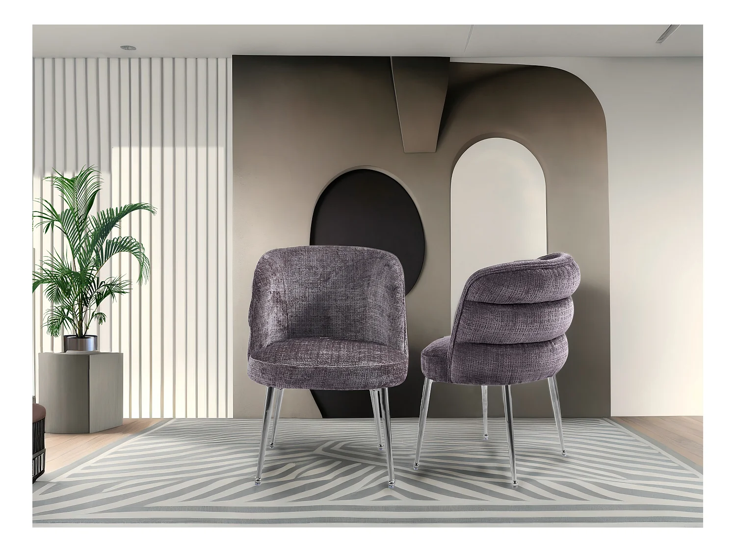 Set van 6 stoelen van chenillestof en zilverkleurig metaal - Taupe - SARA