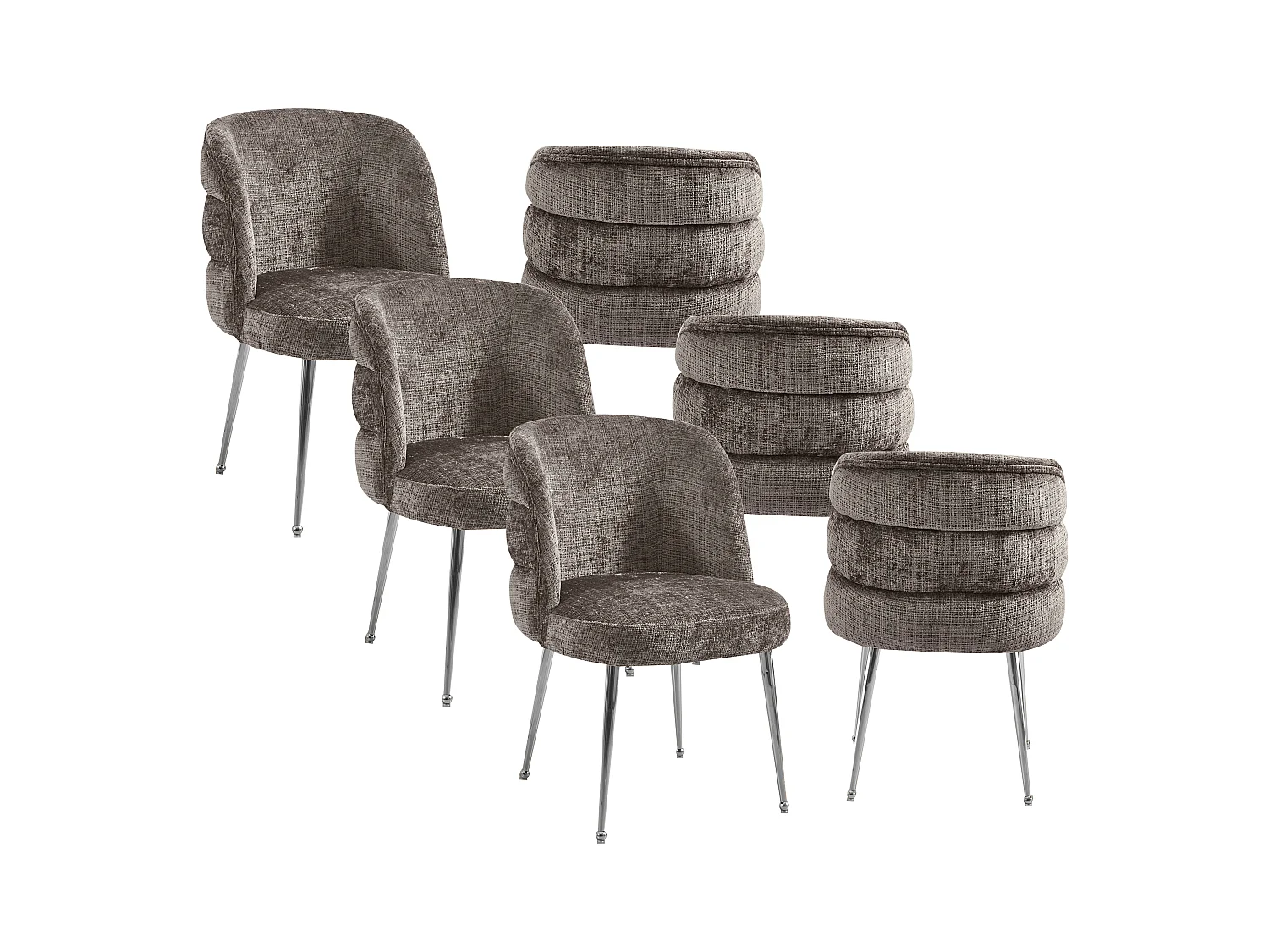 Lot de 6 chaises en chenille et métal argenté - Taupe - SARA
