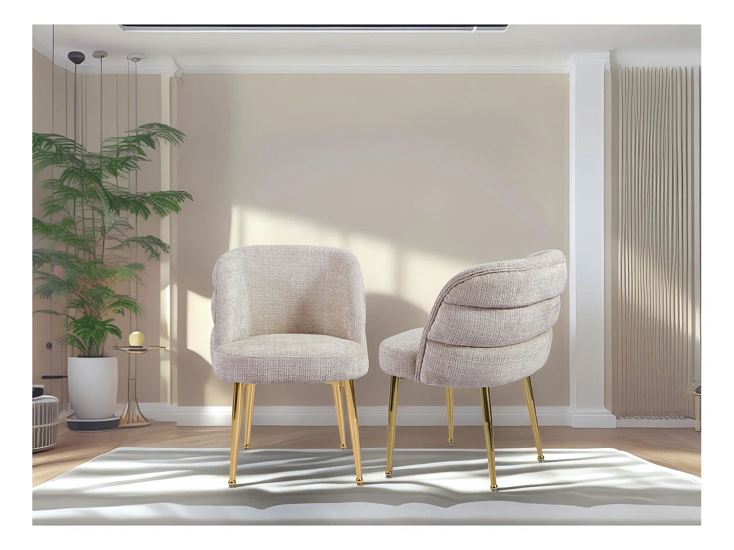 Lot de 2 chaises en chenille et métal doré - Beige - SARA