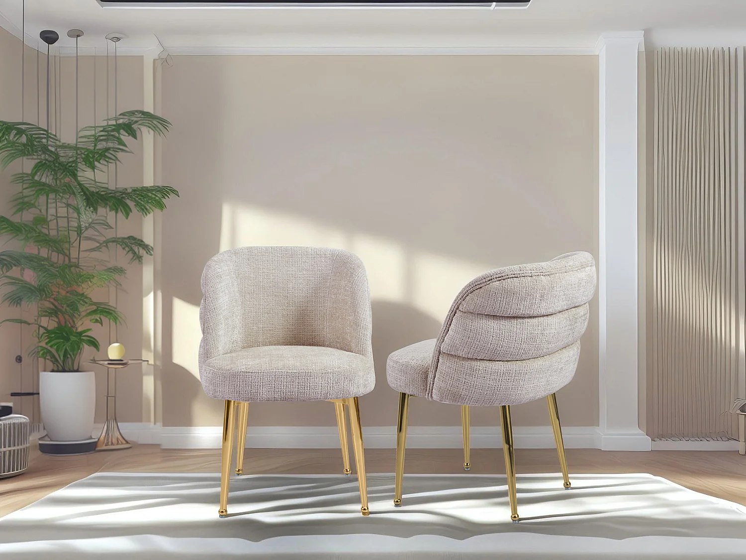 Lot de 2 chaises en chenille et métal doré - Beige - SARA