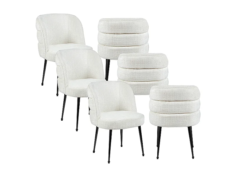 Lot de 6 chaises en chenille et métal noir - Blanc - SARA