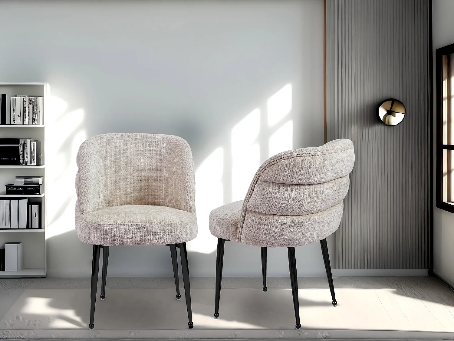 Set van 6 stoelen van chenillestof en zwart metaal - Beige - SARA