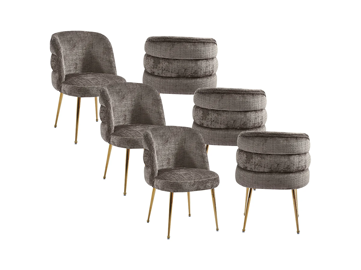 Lot de 6 chaises en chenille et métal doré - Taupe - SARA