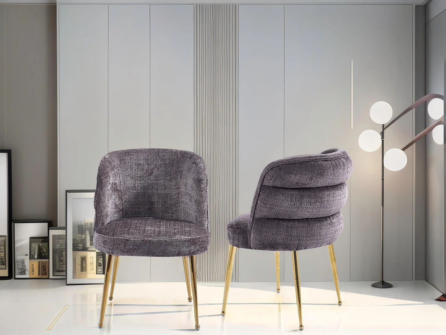 Lot de 6 chaises en chenille et métal doré - Taupe - SARA