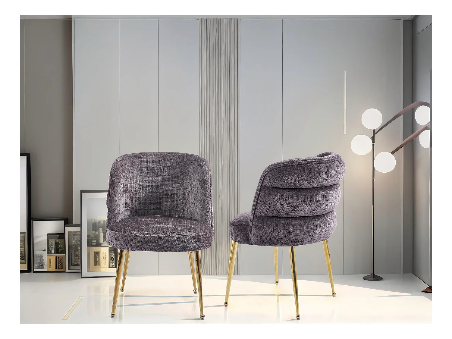 Lot de 2 chaises en chenille et métal doré - Taupe - SARA