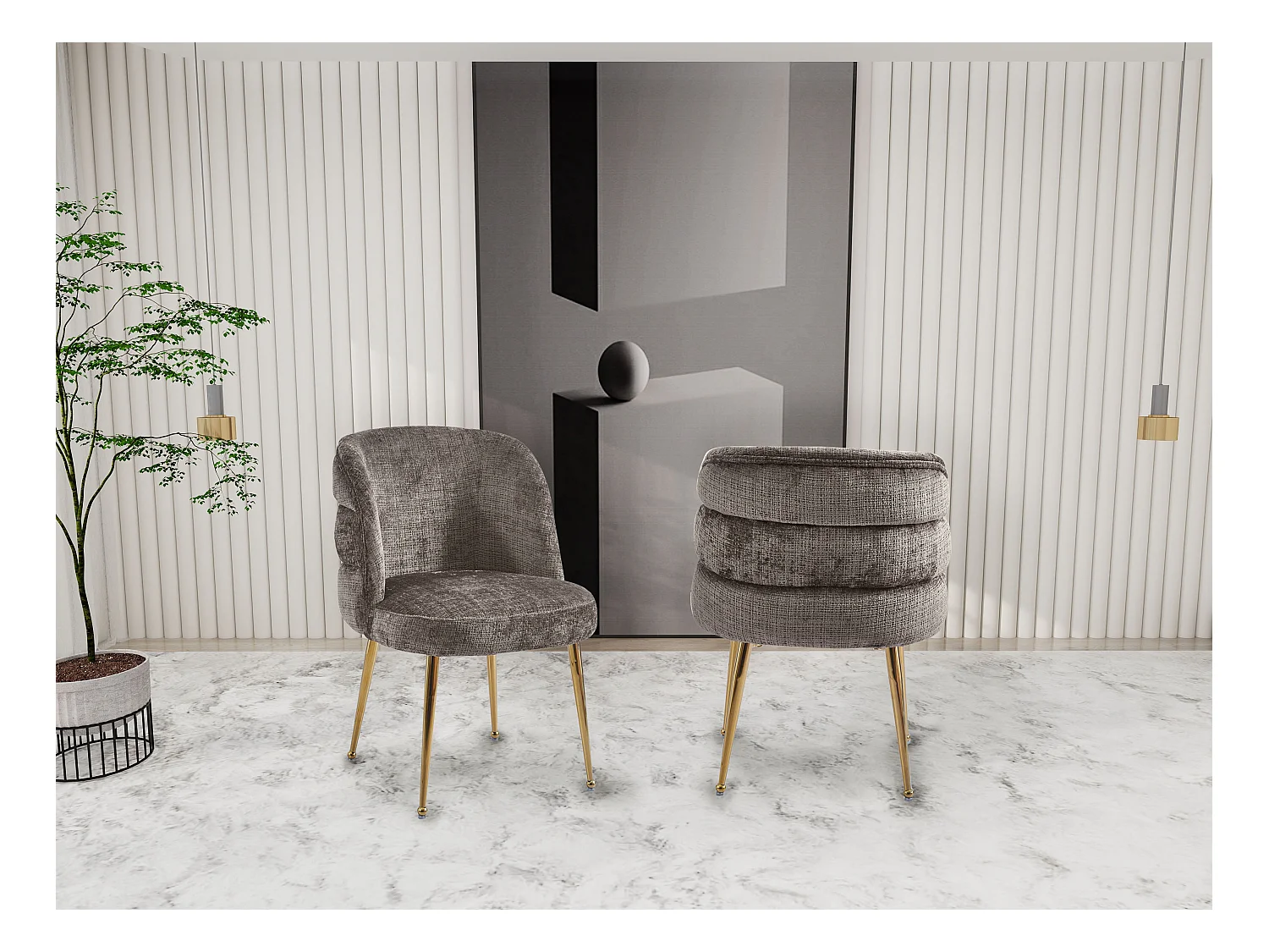 Lot de 2 chaises en chenille et métal doré - Taupe - SARA