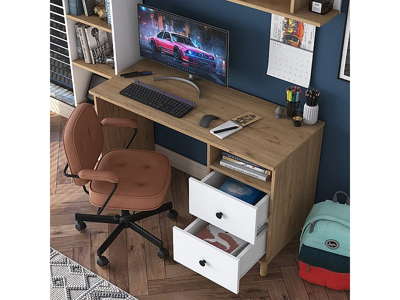 Bureau étagère Goldie en bois blanc-naturel - Dimensions 160x50x161,8 cm pour un espace de travail moderne