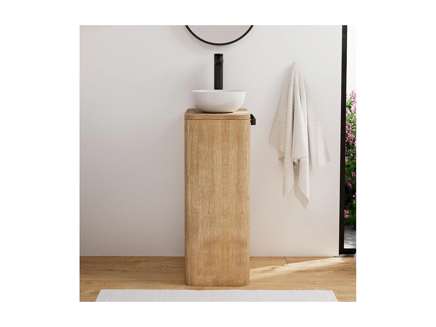 Set lavabo Totem in rovere massello invecchiato con vasca rotonda TOM