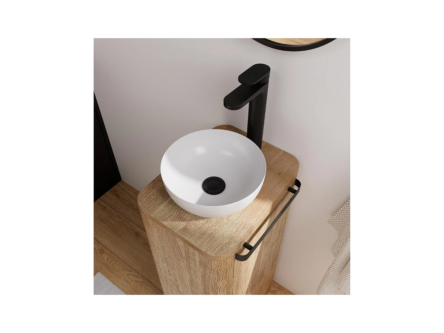 Set lavabo Totem in rovere massello invecchiato con vasca rotonda TOM