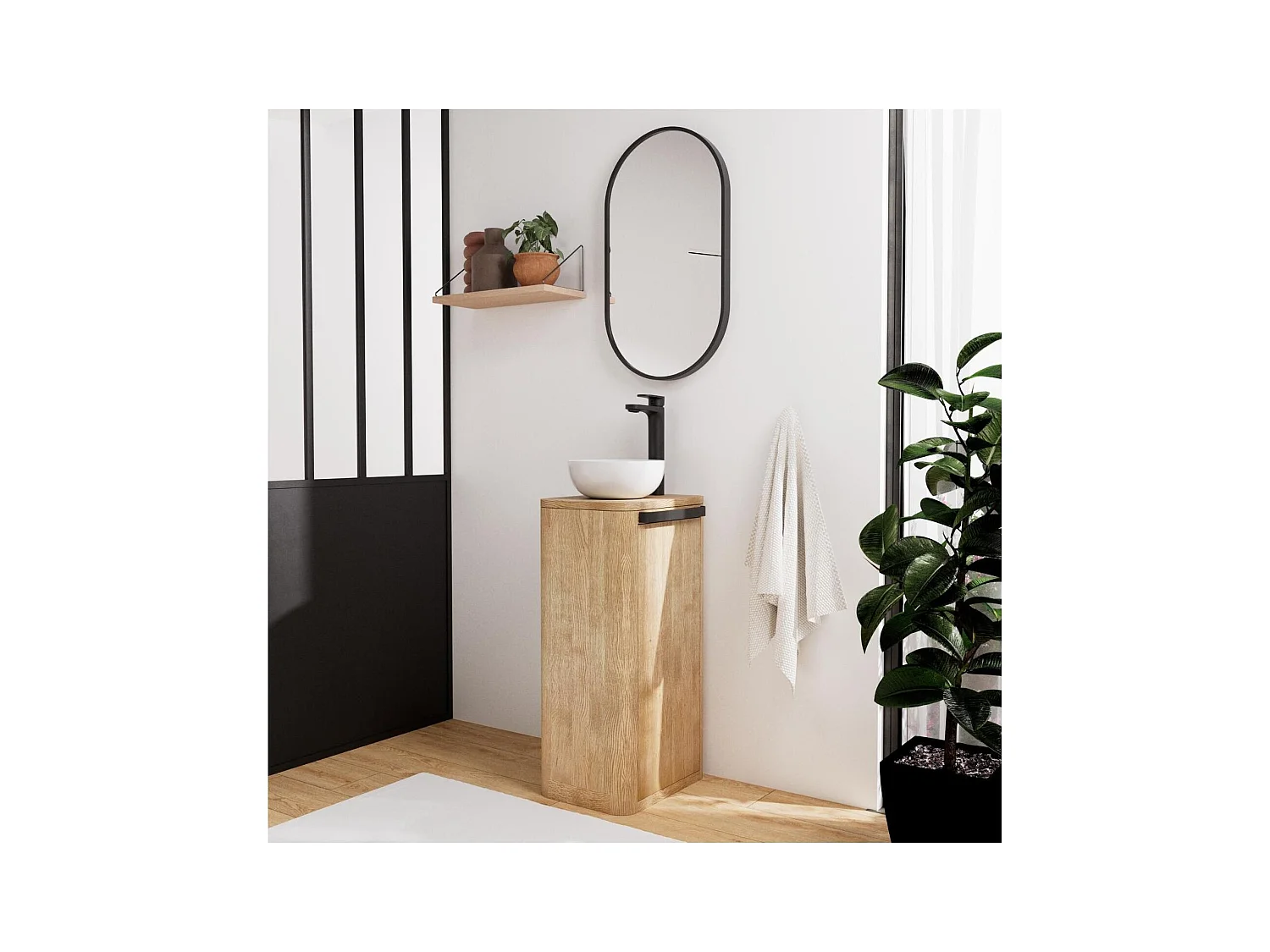 Set lavabo Totem in rovere massello invecchiato con vasca rotonda TOM