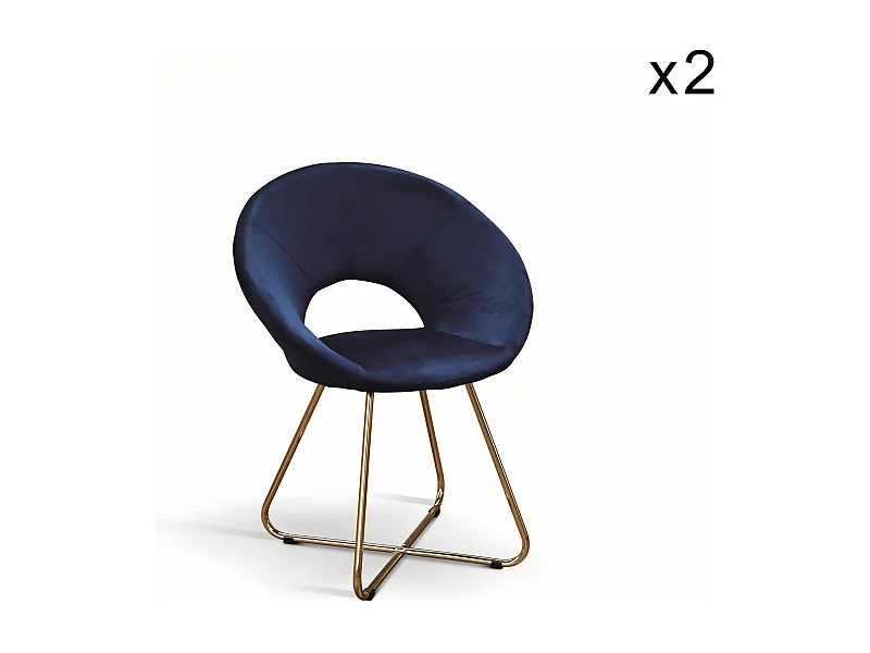 Lote de 2 sillones de tela efecto terciopelo azul, base de metal dorado - ZANTE