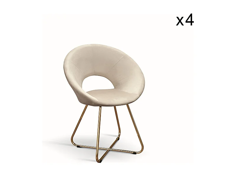 Ensemble de 4 fauteuils en tissu effet velours beige, base en métal doré - ZANTE