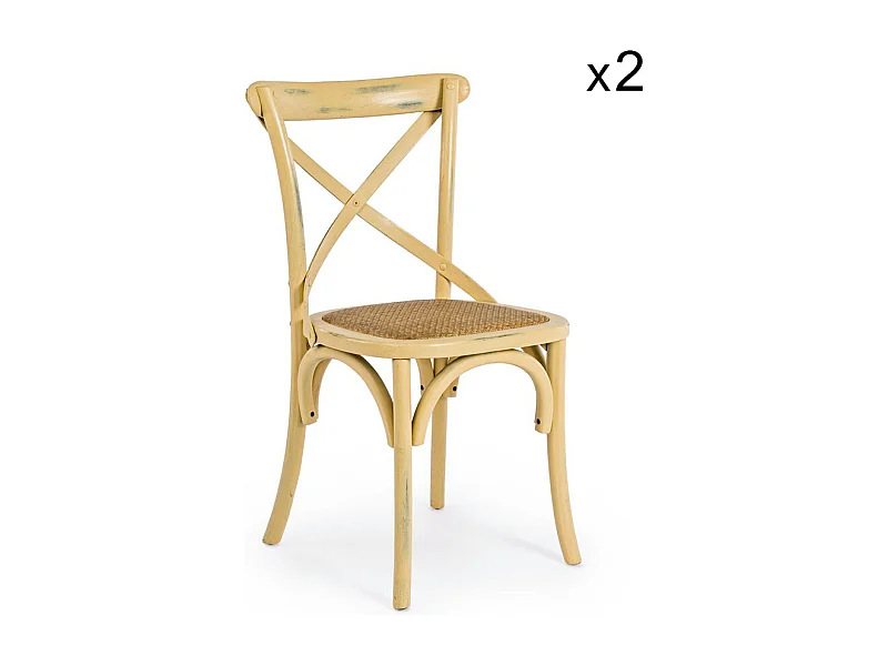 2 Stühle aus ockerfarbenem Ulmenholz und natürlichem Rattan - CROSS