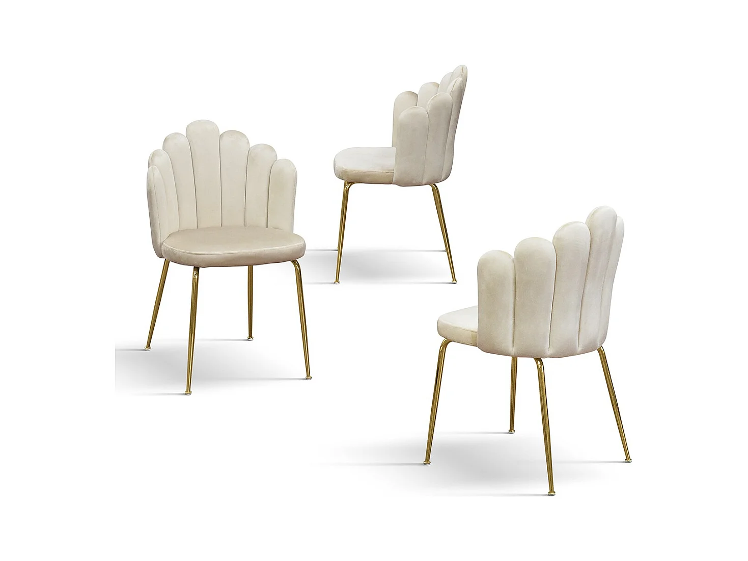 Lot de 4 chaises en tissu effet velours crème, pieds dorés - LILLE