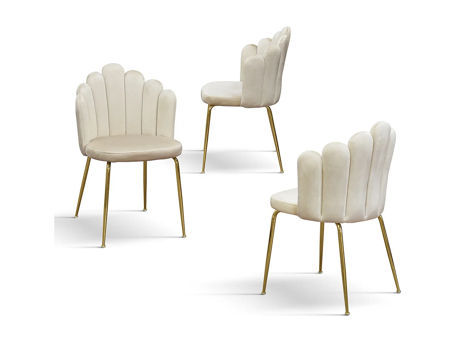 Lot de 4 chaises en tissu effet velours crème, pieds dorés - LILLE