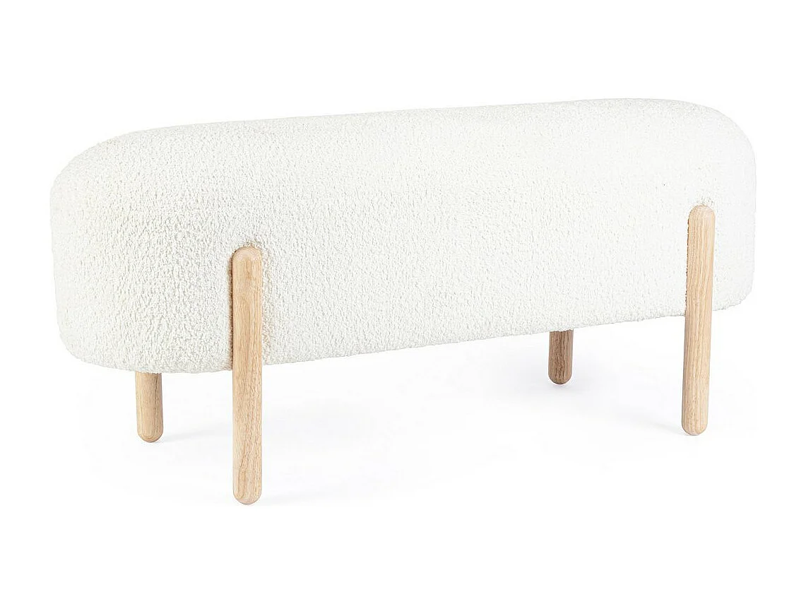 Panca in tessuto effetto bouclé bianco e gambe in legno rubber wood - DAYLA