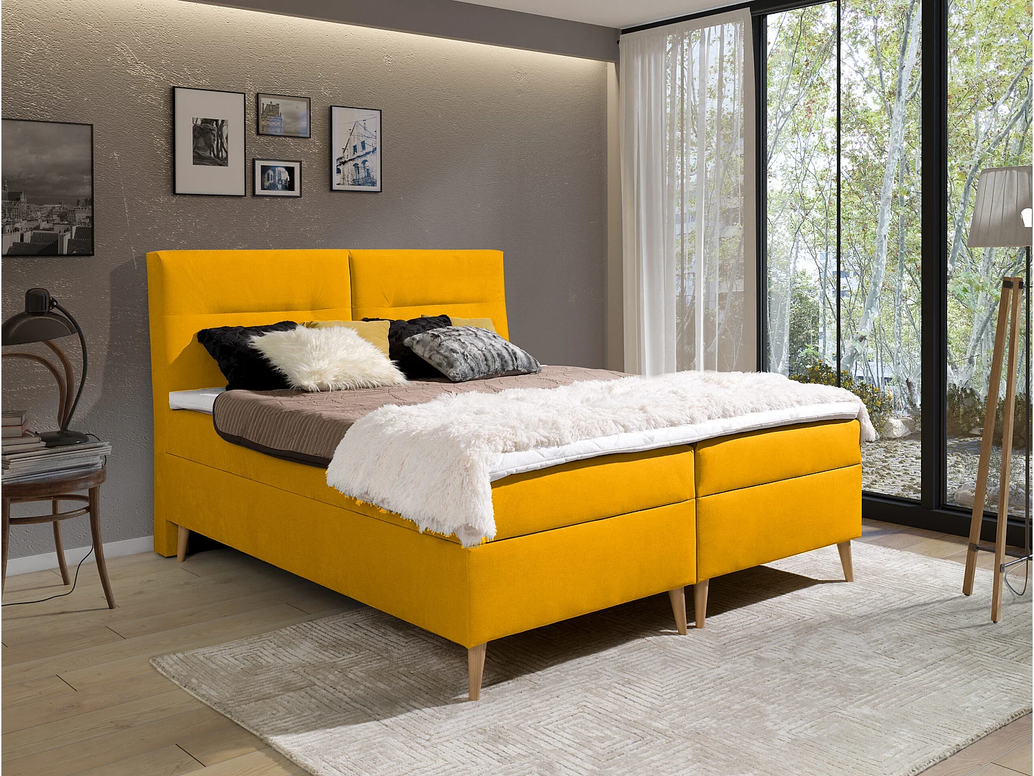 LIT BOXSPRING avec coffres de lit et surmatelas Scarlett 200x200 cm, Fancy 48 (Jaune moutarde)