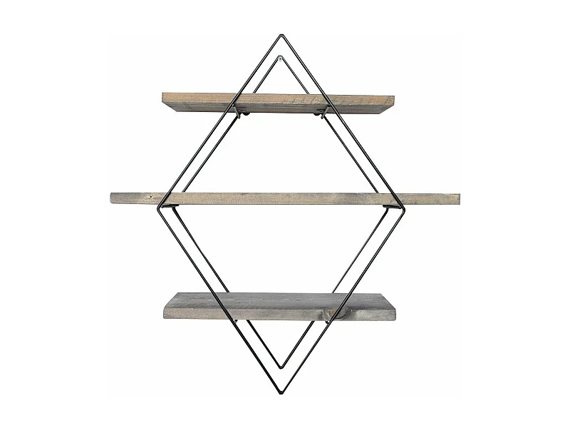 Wandplank in ruitvorm van zwart metaal en massief hout L60 cm