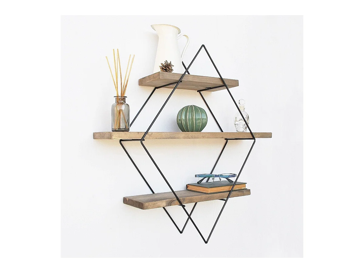 Etagère murale losange en métal noir et bois massif L60 cm