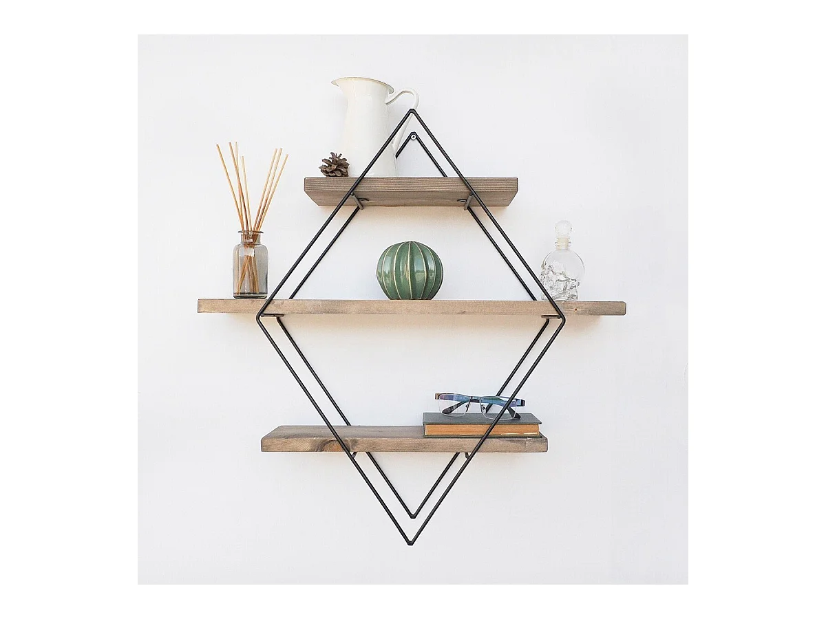 Etagère murale losange en métal noir et bois massif L60 cm