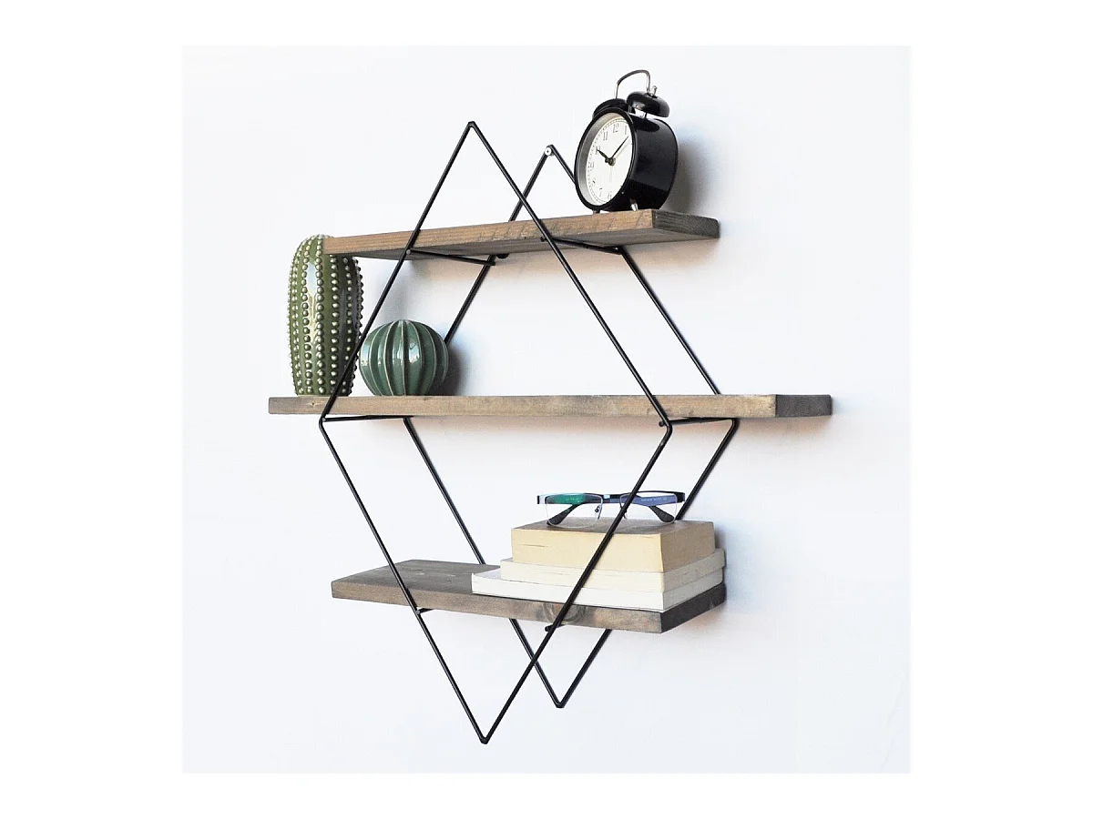 Etagère murale losange en métal noir et bois massif L60 cm