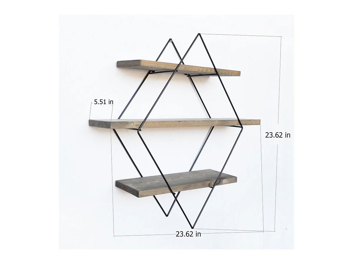Etagère murale losange en métal noir et bois massif L60 cm