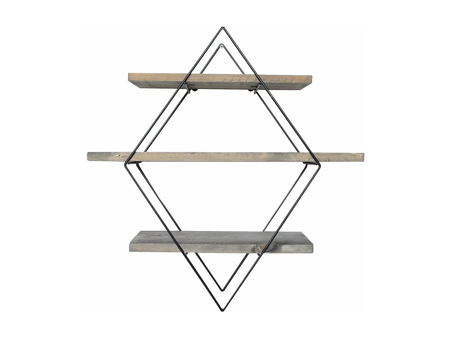 Rautenförmiges Wandregal aus schwarzem Metall und Massivholz L60 cm