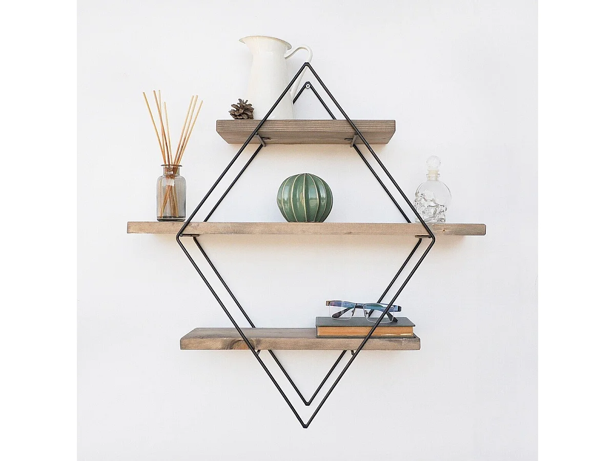 Rautenförmiges Wandregal aus schwarzem Metall und Massivholz L60 cm