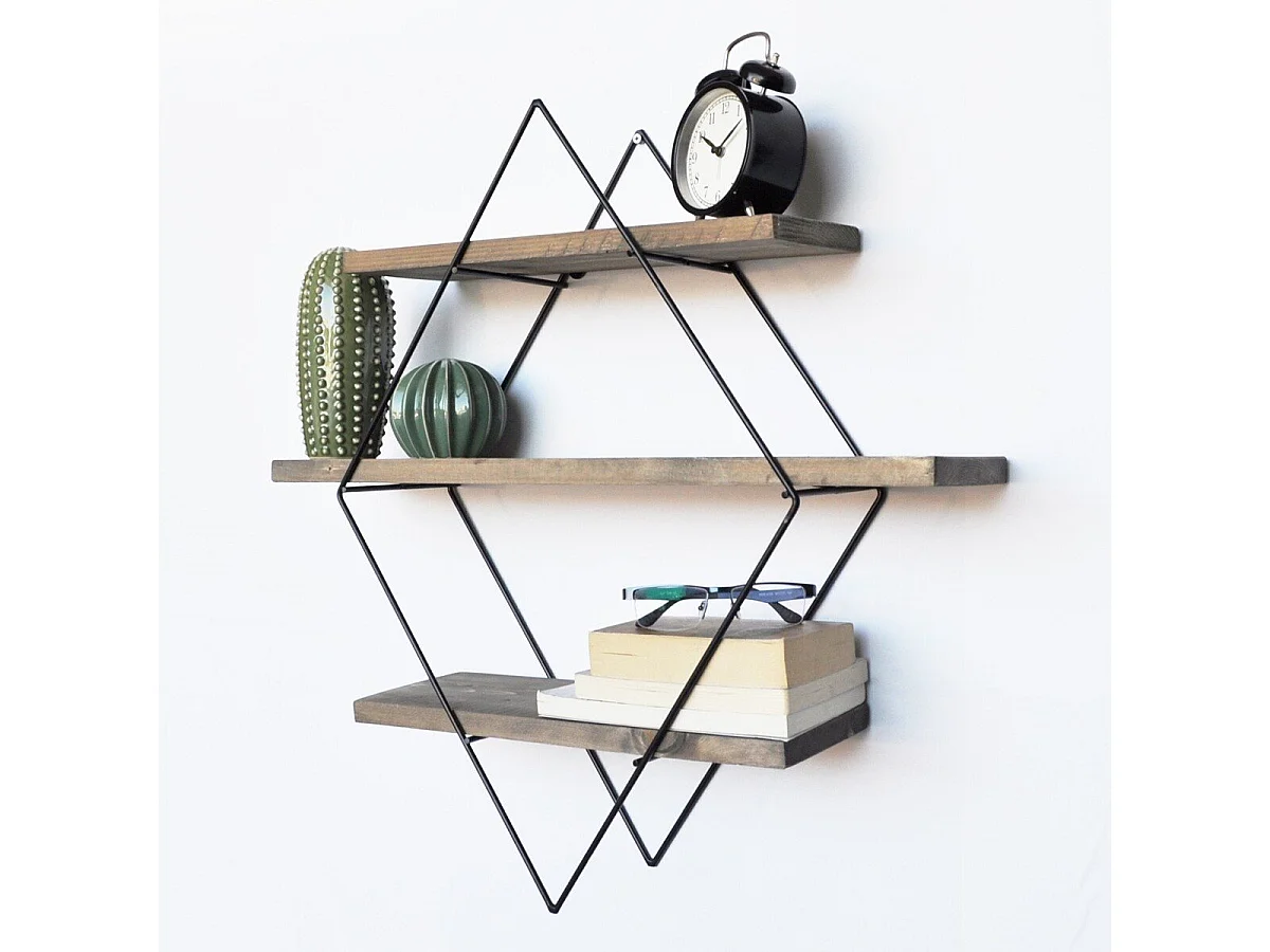Rautenförmiges Wandregal aus schwarzem Metall und Massivholz L60 cm