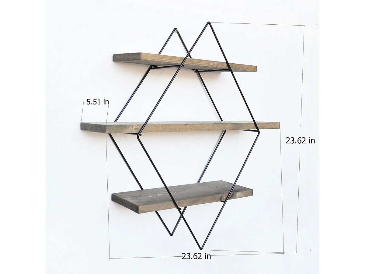Rautenförmiges Wandregal aus schwarzem Metall und Massivholz L60 cm