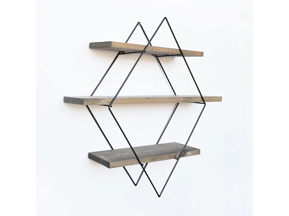 Rautenförmiges Wandregal aus schwarzem Metall und Massivholz L60 cm