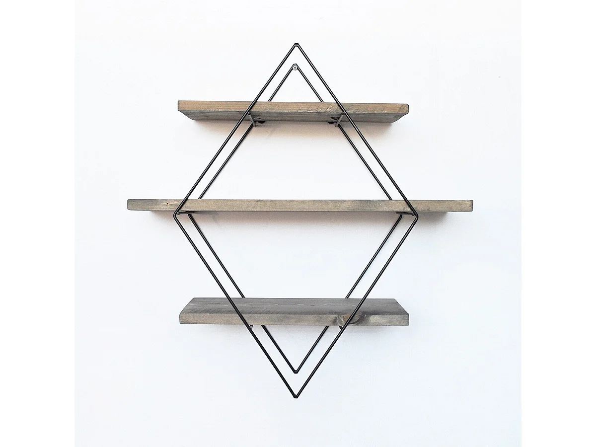 Rautenförmiges Wandregal aus schwarzem Metall und Massivholz L60 cm