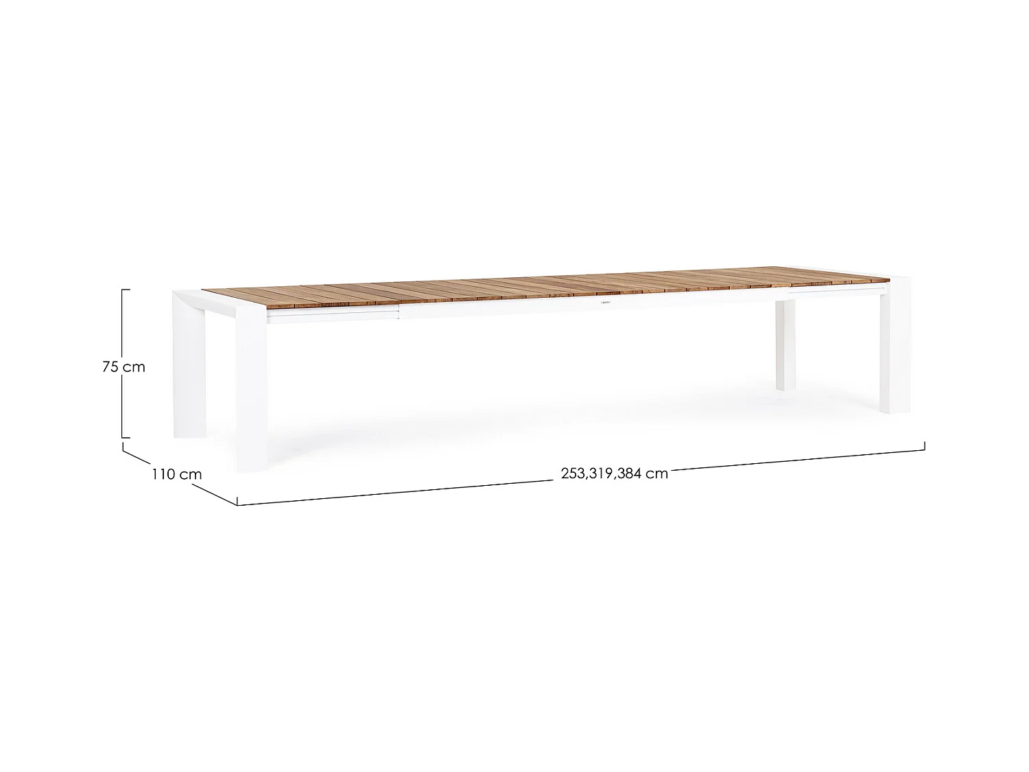Table à rallonge en aluminium blanc et bois de teck 253x110-384x110 - CAMERON
