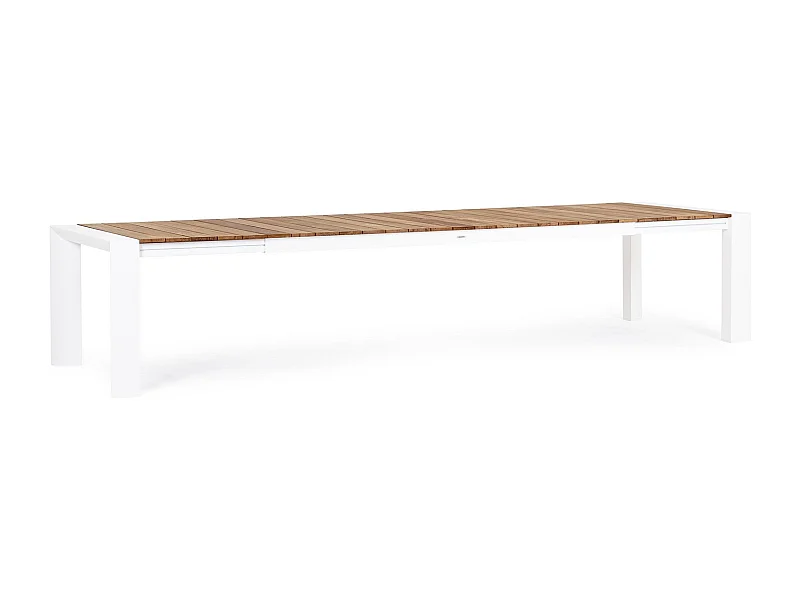 Uitschuiftafel in wit aluminium en teakhout 253x110-384x110 - CAMERON