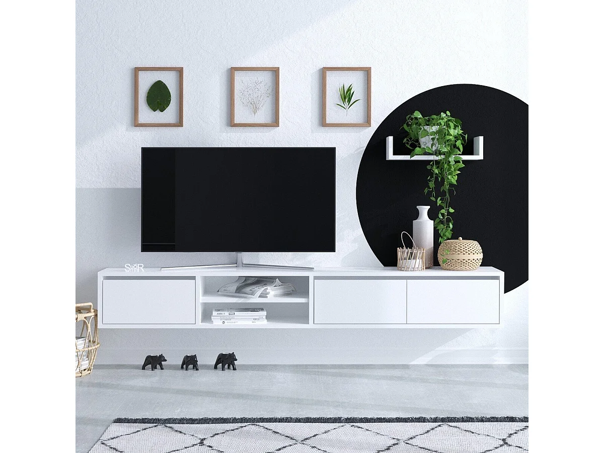 Ensemble meuble TV 3 portes et étagère murale blanc L180 cm - ALCOR