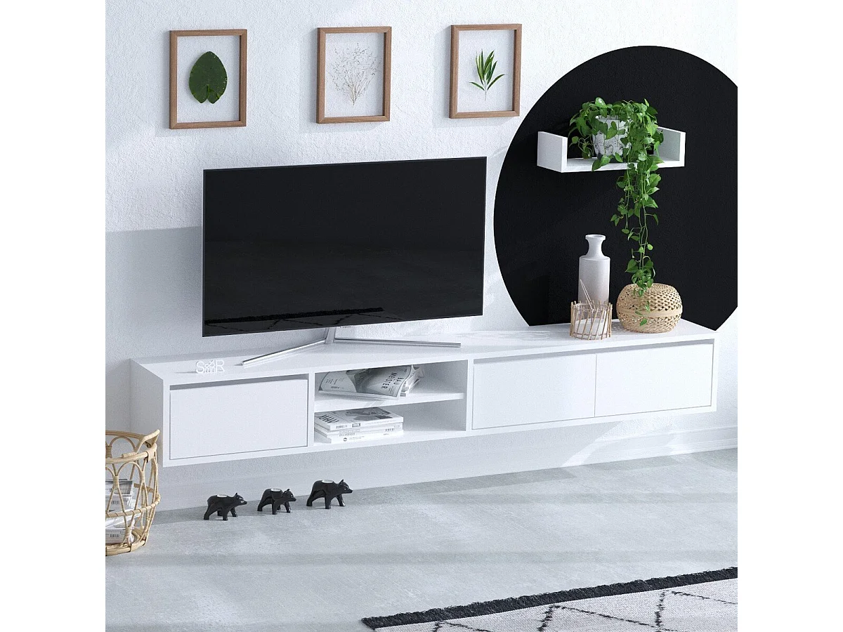 Ensemble meuble TV 3 portes et étagère murale blanc L180 cm - ALCOR