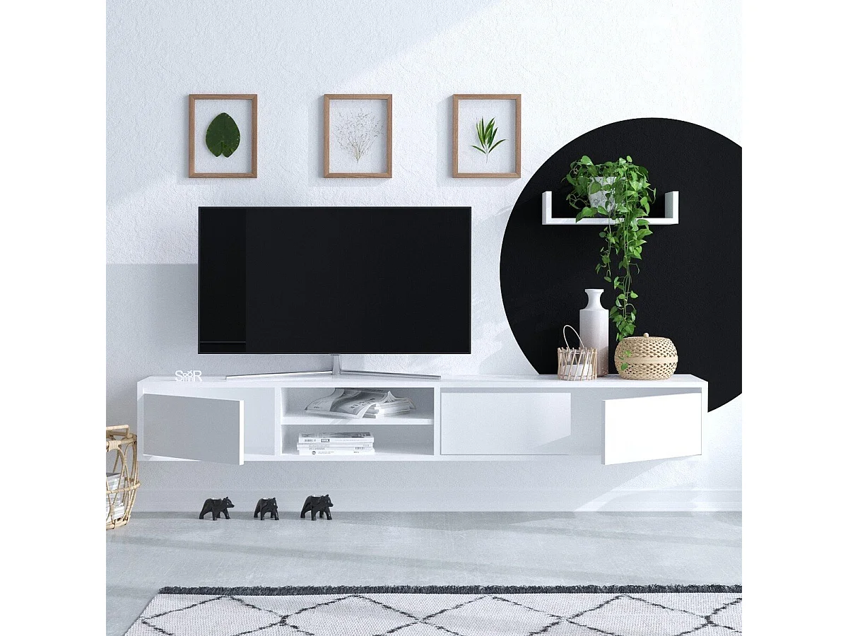 Ensemble meuble TV 3 portes et étagère murale blanc L180 cm - ALCOR